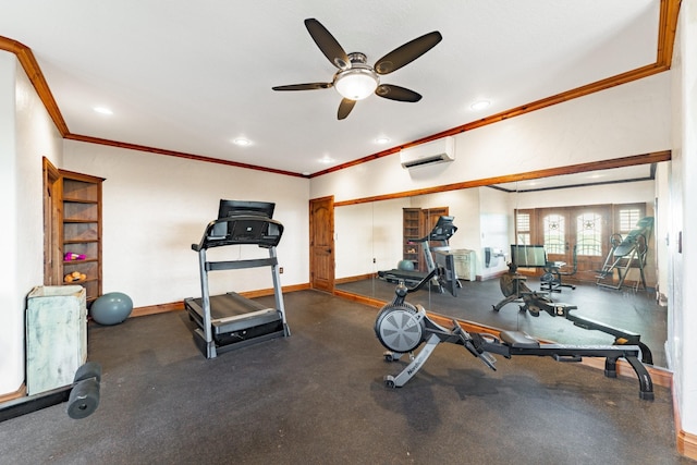 exercise area featuring ornamental molding, an AC wall unit, and ceiling fan