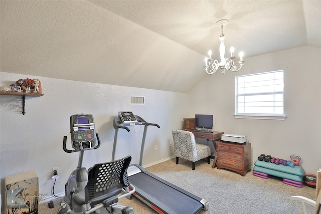 workout room featuring an inviting chandelier, lofted ceiling, carpet, and a textured ceiling