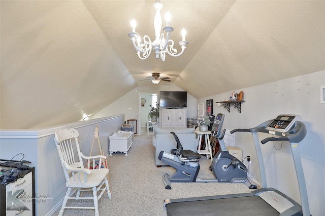 exercise room featuring an inviting chandelier, vaulted ceiling, and carpet