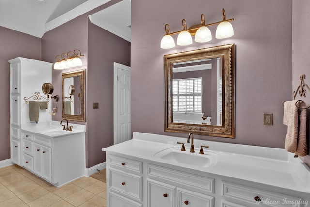 bathroom featuring vanity, ornamental molding, and tile patterned floors