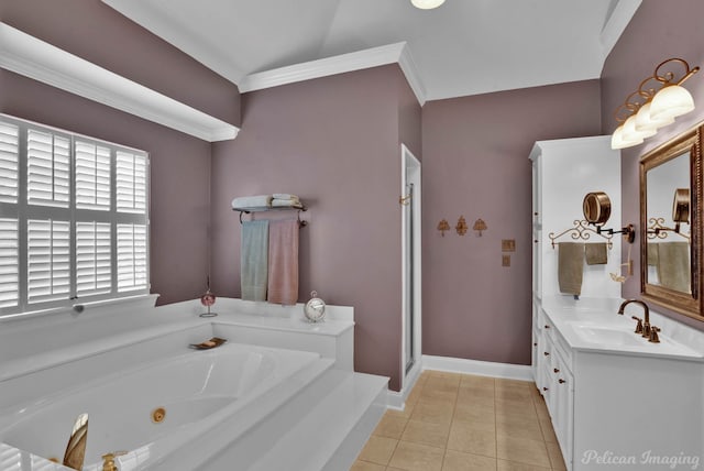 bathroom featuring crown molding, tile patterned floors, independent shower and bath, and vanity