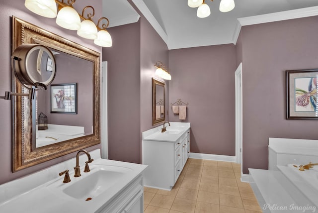 bathroom with vanity, tile patterned floors, and ornamental molding