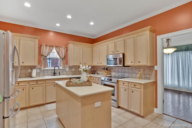 kitchen featuring sink, light tile patterned floors, a kitchen island, stainless steel appliances, and backsplash