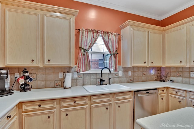 kitchen featuring sink, crown molding, backsplash, light brown cabinetry, and stainless steel dishwasher