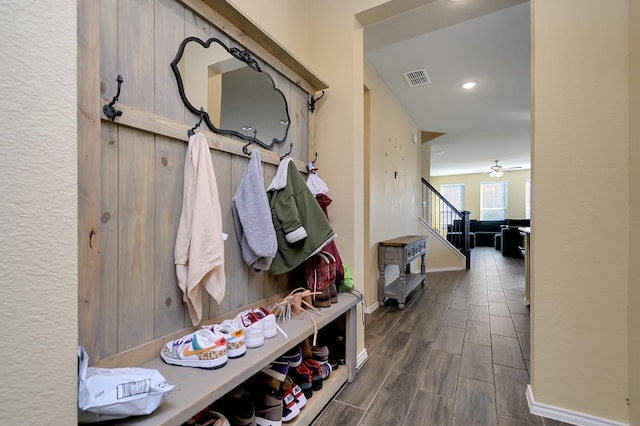 mudroom featuring ceiling fan