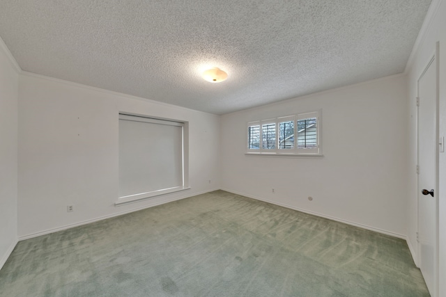 carpeted spare room with ornamental molding and a textured ceiling