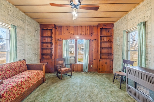 living area featuring ceiling fan, carpet flooring, and heating unit