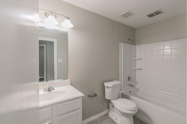 full bathroom featuring shower / washtub combination, toilet, and vanity