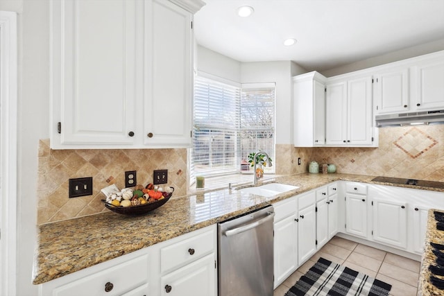 kitchen with sink, white cabinetry, light stone countertops, black electric cooktop, and stainless steel dishwasher