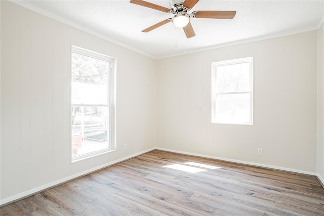 empty room featuring a wealth of natural light, a textured ceiling, and light wood-type flooring