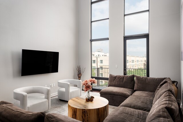 living room featuring a towering ceiling