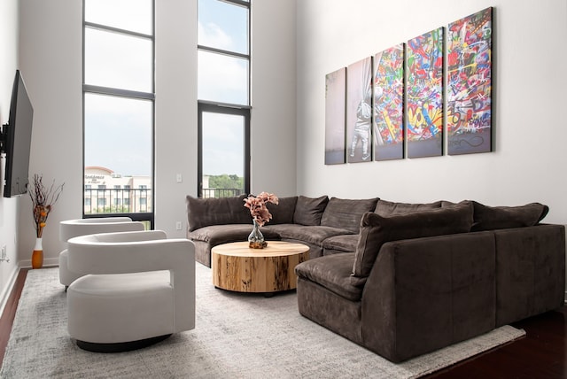 living room with baseboards and a high ceiling