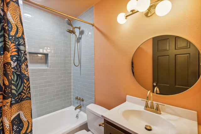 full bathroom featuring vanity, toilet, and shower / bathtub combination with curtain