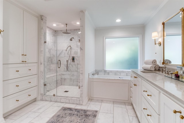 bathroom with vanity, ornamental molding, and plus walk in shower