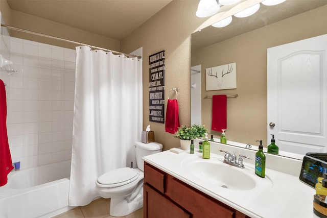 full bathroom with vanity, toilet, tile patterned flooring, and shower / bath combo with shower curtain