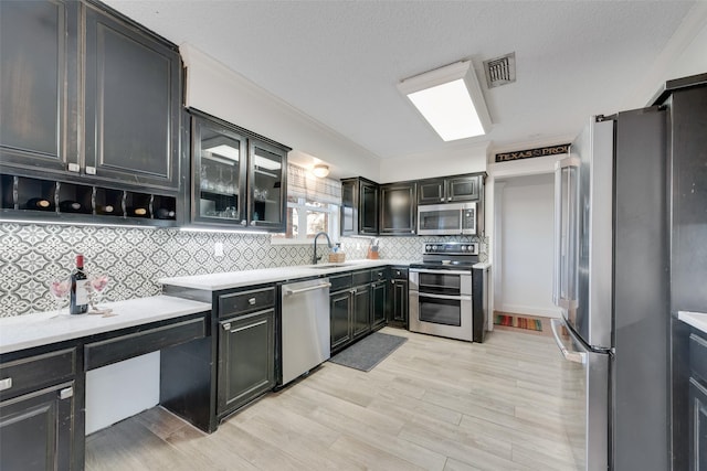 kitchen with sink, light hardwood / wood-style flooring, appliances with stainless steel finishes, tasteful backsplash, and a textured ceiling