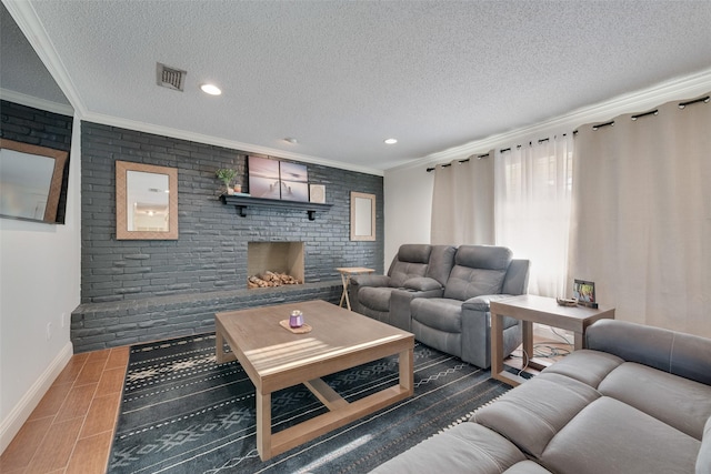 living room with a fireplace, ornamental molding, a textured ceiling, and brick wall