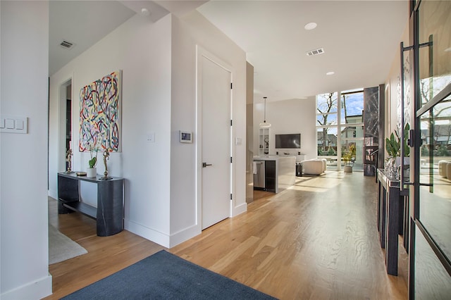 hallway featuring floor to ceiling windows and light wood-type flooring