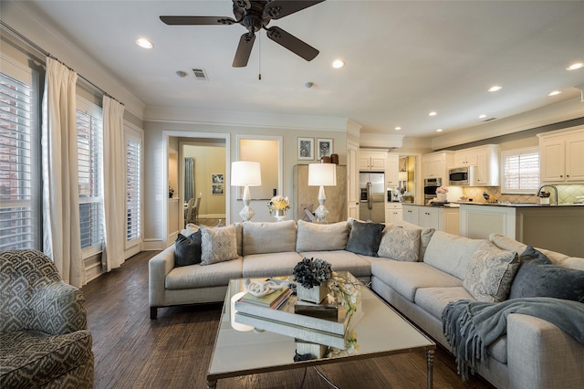 living room with ornamental molding, dark hardwood / wood-style floors, and sink