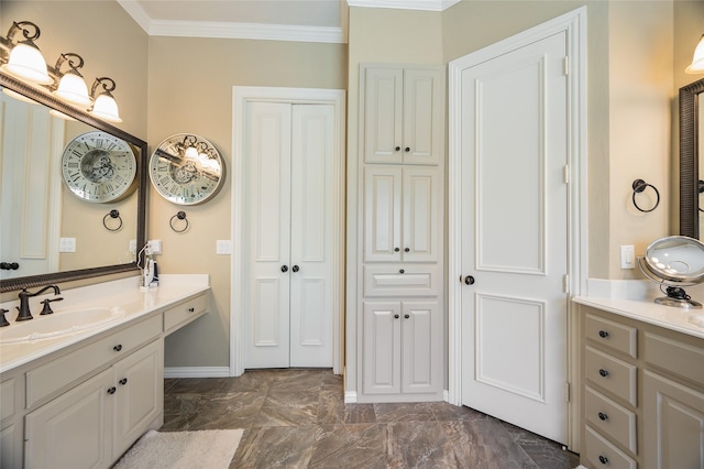 bathroom featuring ornamental molding and vanity