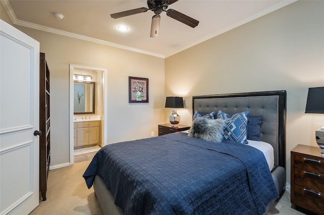 carpeted bedroom featuring crown molding, ceiling fan, and connected bathroom