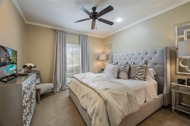 bedroom featuring crown molding, ceiling fan, and light carpet