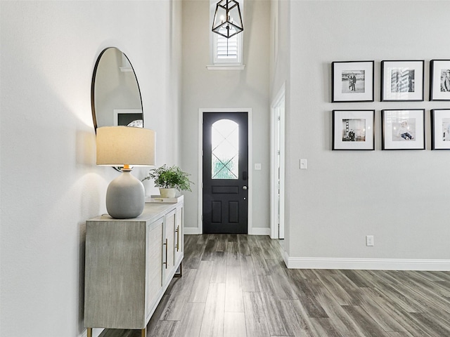 foyer featuring baseboards, wood finished floors, and a towering ceiling