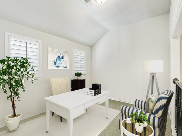 game room with a wealth of natural light, vaulted ceiling, and dark colored carpet