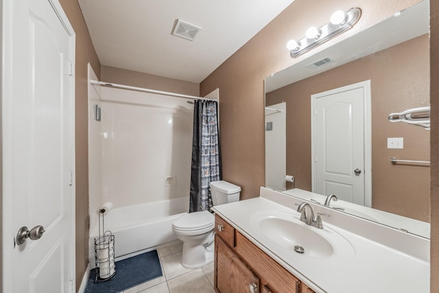 full bathroom with shower / bath combination with curtain, vanity, tile patterned floors, and toilet