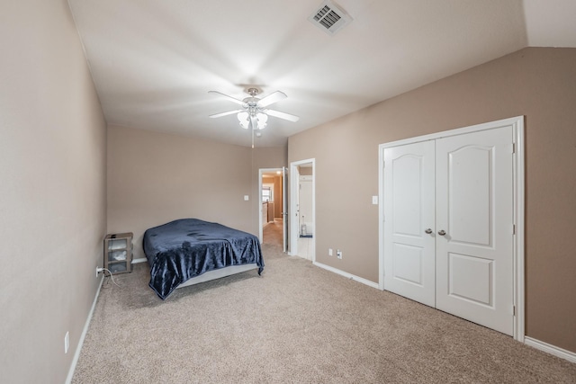 bedroom featuring carpet floors, ceiling fan, and vaulted ceiling