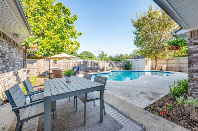 view of swimming pool featuring a storage unit and a patio area