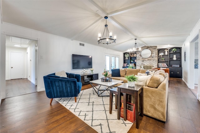 living room with a notable chandelier, wood-type flooring, and lofted ceiling with beams