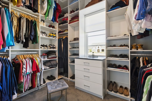 walk in closet featuring dark carpet