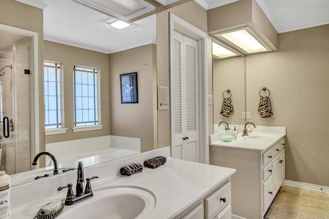 bathroom featuring ornamental molding, vanity, and a shower with door