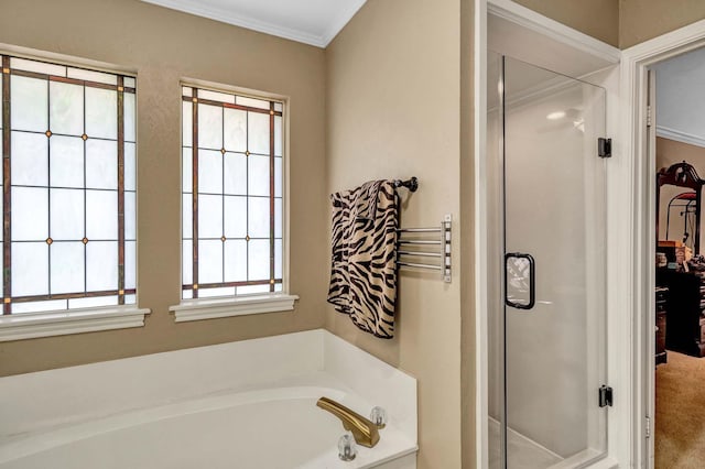 bathroom with ornamental molding, a shower stall, and a bath