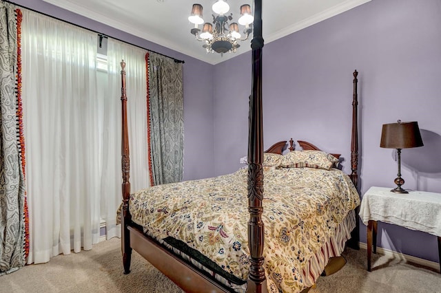 bedroom featuring ornamental molding, light carpet, and an inviting chandelier