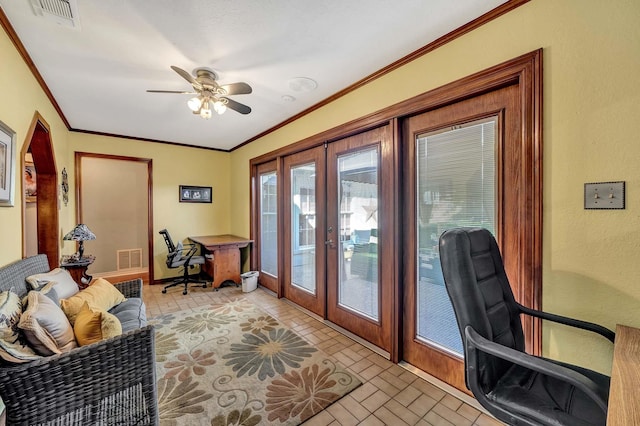 doorway featuring french doors, brick floor, visible vents, and crown molding