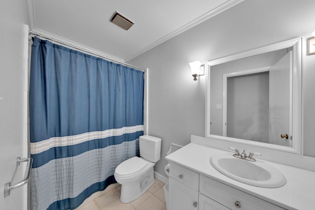 bathroom featuring crown molding, vanity, tile patterned floors, toilet, and walk in shower