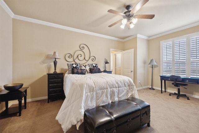 carpeted bedroom with crown molding and ceiling fan