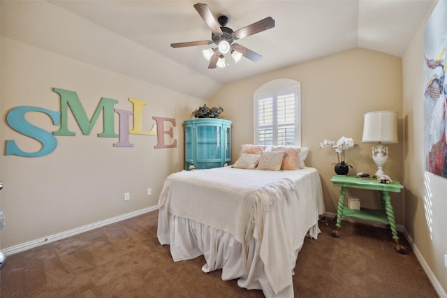 bedroom featuring vaulted ceiling, ceiling fan, and dark carpet