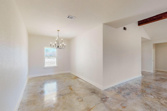 unfurnished room with concrete flooring, vaulted ceiling with beams, and an inviting chandelier