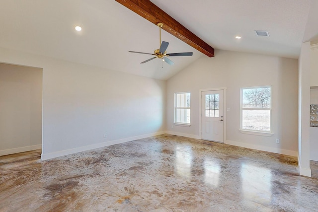 empty room with beamed ceiling, ceiling fan, and high vaulted ceiling