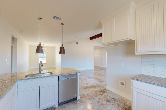 kitchen featuring decorative backsplash, dishwasher, sink, and light stone countertops