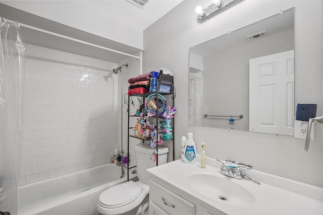 full bathroom with vanity, shower / bathtub combination with curtain, and toilet