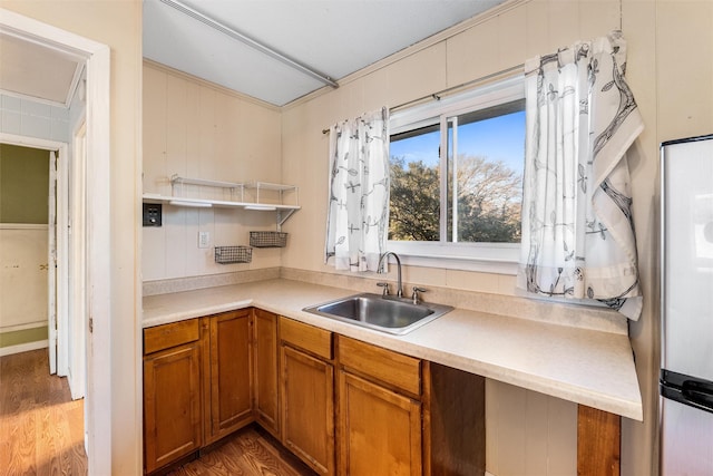 kitchen with sink and dark hardwood / wood-style floors