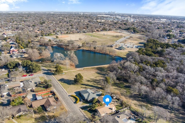 drone / aerial view with a water view