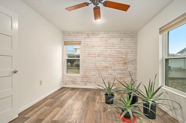 unfurnished room featuring wood-type flooring, a wealth of natural light, and wood walls