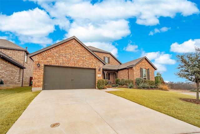 view of front facade with a garage and a front lawn