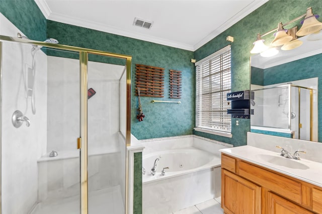 bathroom with vanity, crown molding, and separate shower and tub