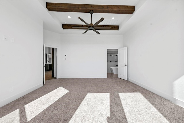 interior space with beamed ceiling, a towering ceiling, light colored carpet, and ceiling fan